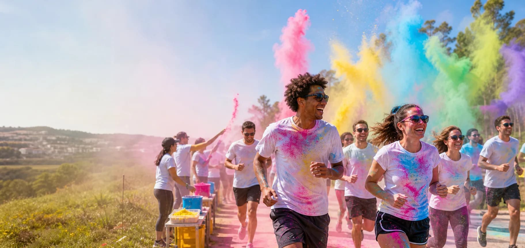 Participantes numa color run organizada com pó Holi colorido